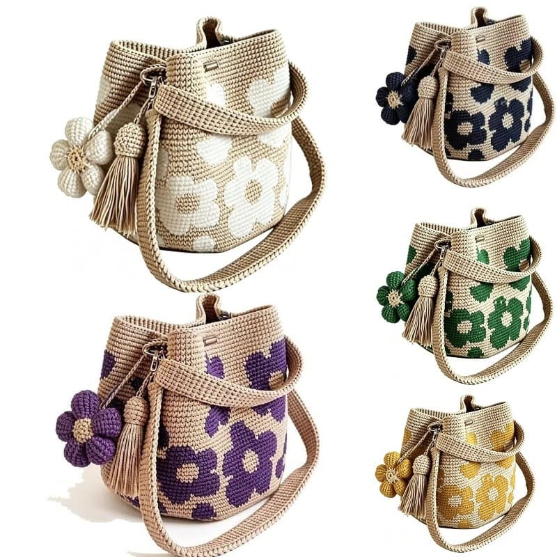 Cross-border Hot Selling Handwoven Flower Bag Large Capacity Cotton Crochet Bucket Bag Detachable Flower Tassel Decoration