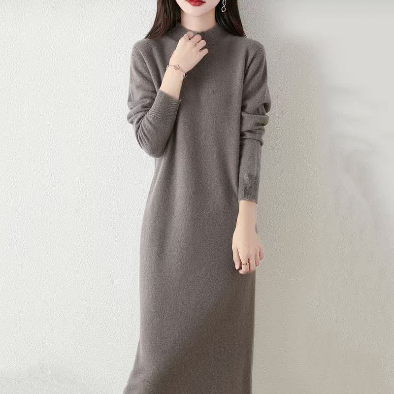 Half-High Neck Knitted Dress Women's Knee-Length Fine Wool Autumn/Winter Loose Mid-Length Sweater Dress Pullover Base Layer