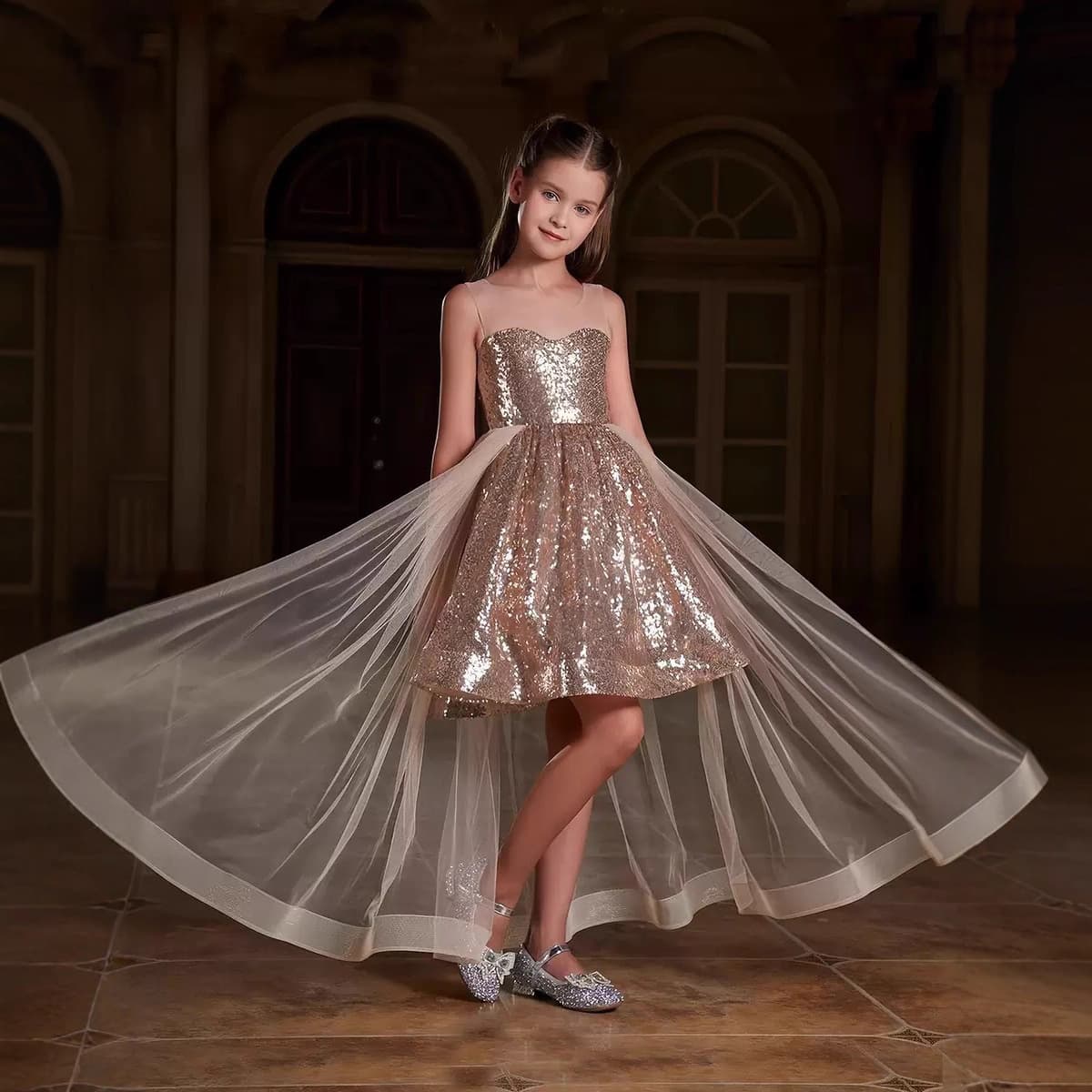 Girls' Dress Champagne Color Vocal Art Exam Tutu Skirt Banquet Evening Dress Sequin Ball Dress Children's Skirt