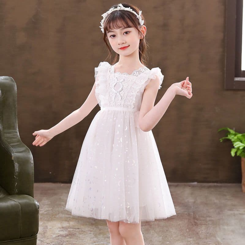 Girls Summer Dress New Style Children's White Festival Dress Puffy Princess Skirt 2-9 Years Mesh Skirt