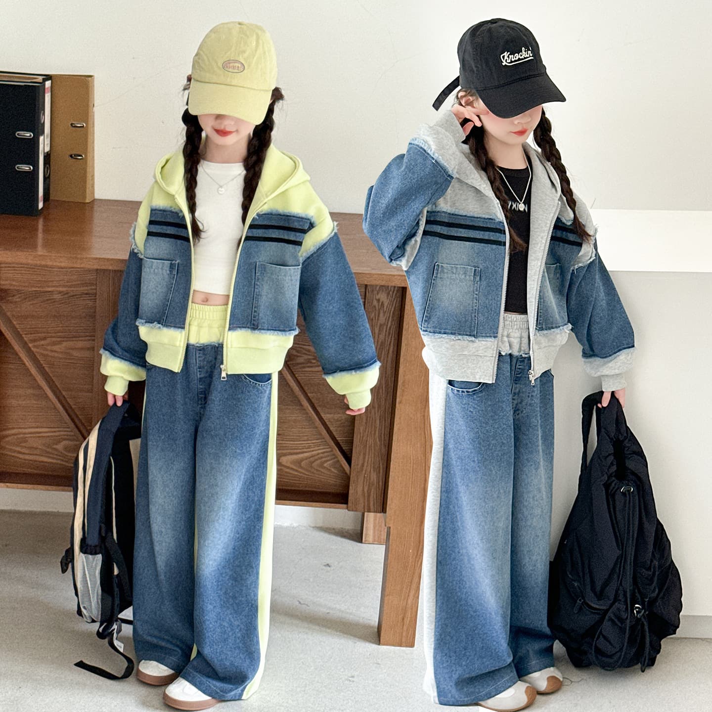 2026 New Fall Fashion Patchwork Denim Hooded Set for Older Kids, Loose Trendy Two-Piece Hoodie Set Wholesale