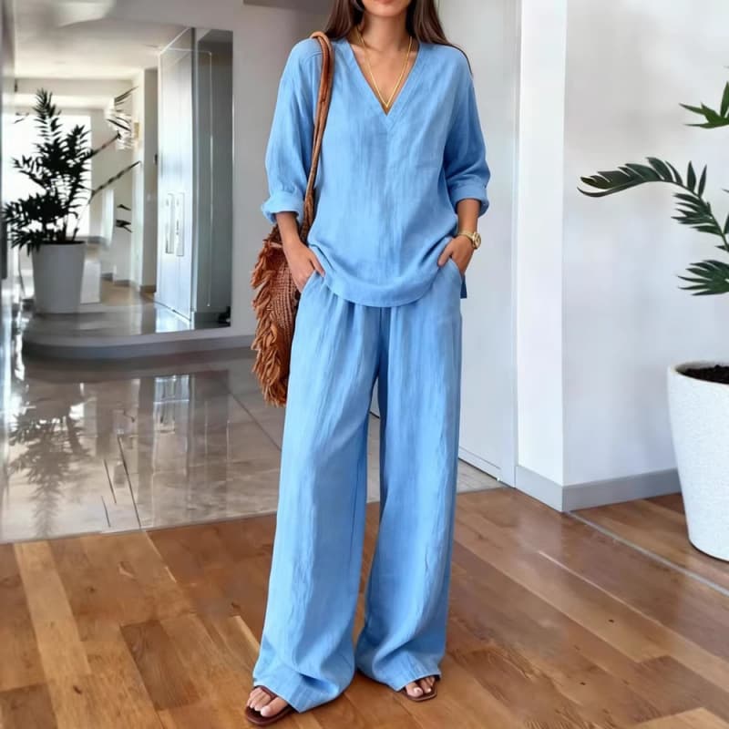 2026 New Foreign Trade Cross-Border Women's Casual V-Neck Long-Sleeve Pullover with Wide-Leg Pants Washed Cotton Multi-Color Women's Wear