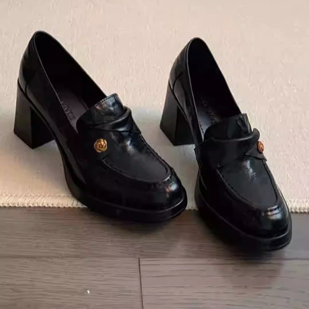 7cm Retro Camellia High Heel Loafers for Women, Slip-On Commuter Chunky Heel Shoes, Elegant Black Leather Shoes