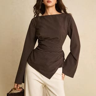 Women's Navy Blue Off-shoulder Side-tie Casual Elegant Shirt Blouse for Formal Occasions Business Office Autumn Wear