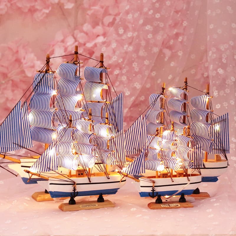 Manufacturer's creative new Mediterranean navy blue striped sailboat with lighted atmosphere decoration ornaments sailboat model gift