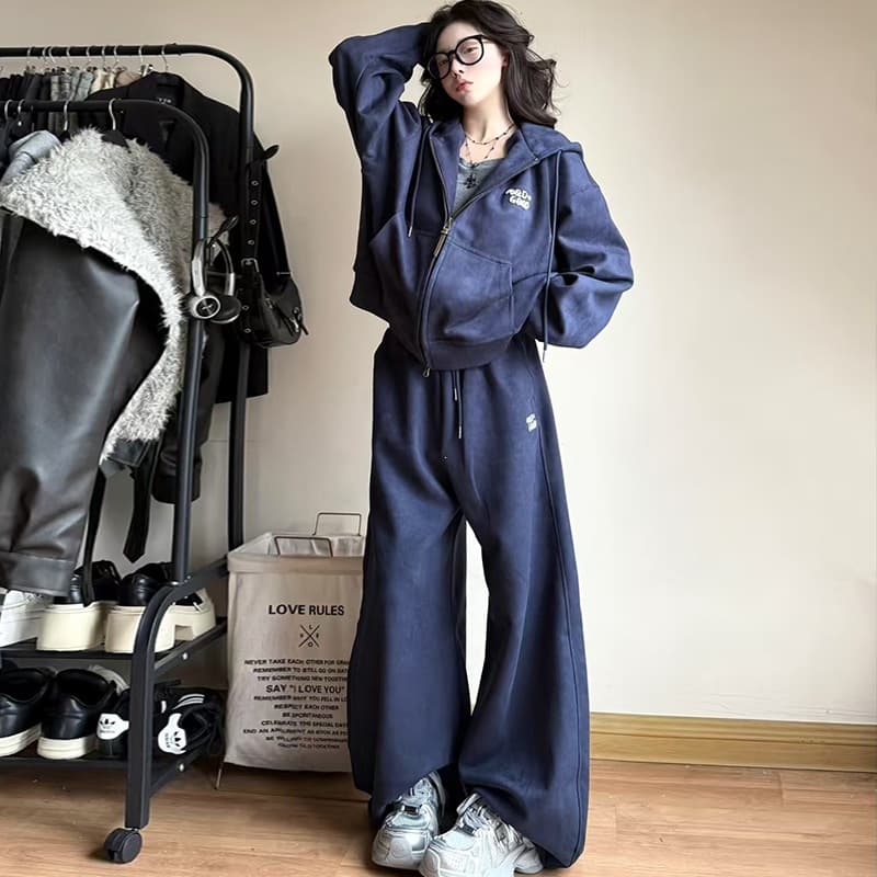 Lazy Style Women's Athletic Set 2026 Spring/Fall Korean Loose Fitted Hoodie and Wide-Leg Pants Two-Piece Set