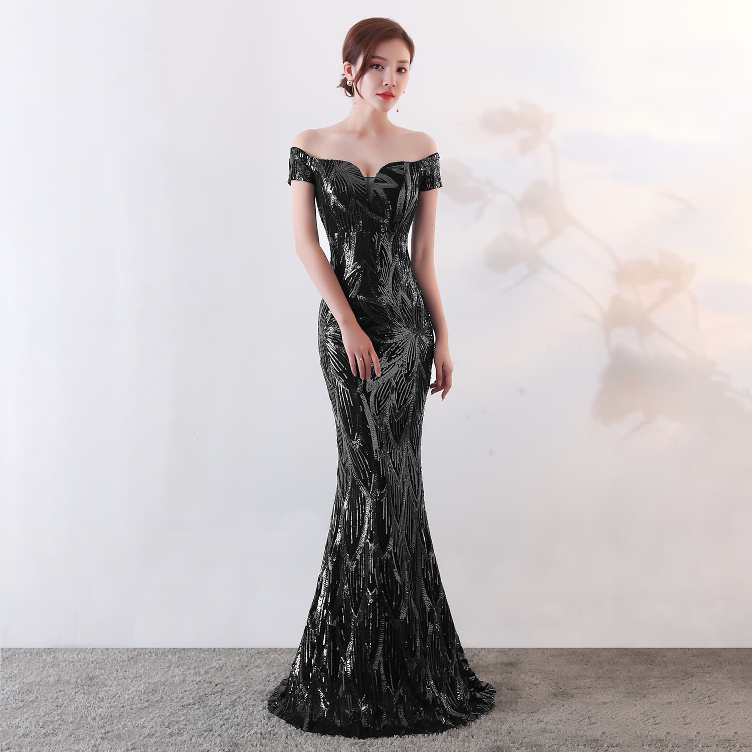 1371# One-Shoulder Long Fishtail Sequin Evening Gown Slimming Banquet Hostess Dress