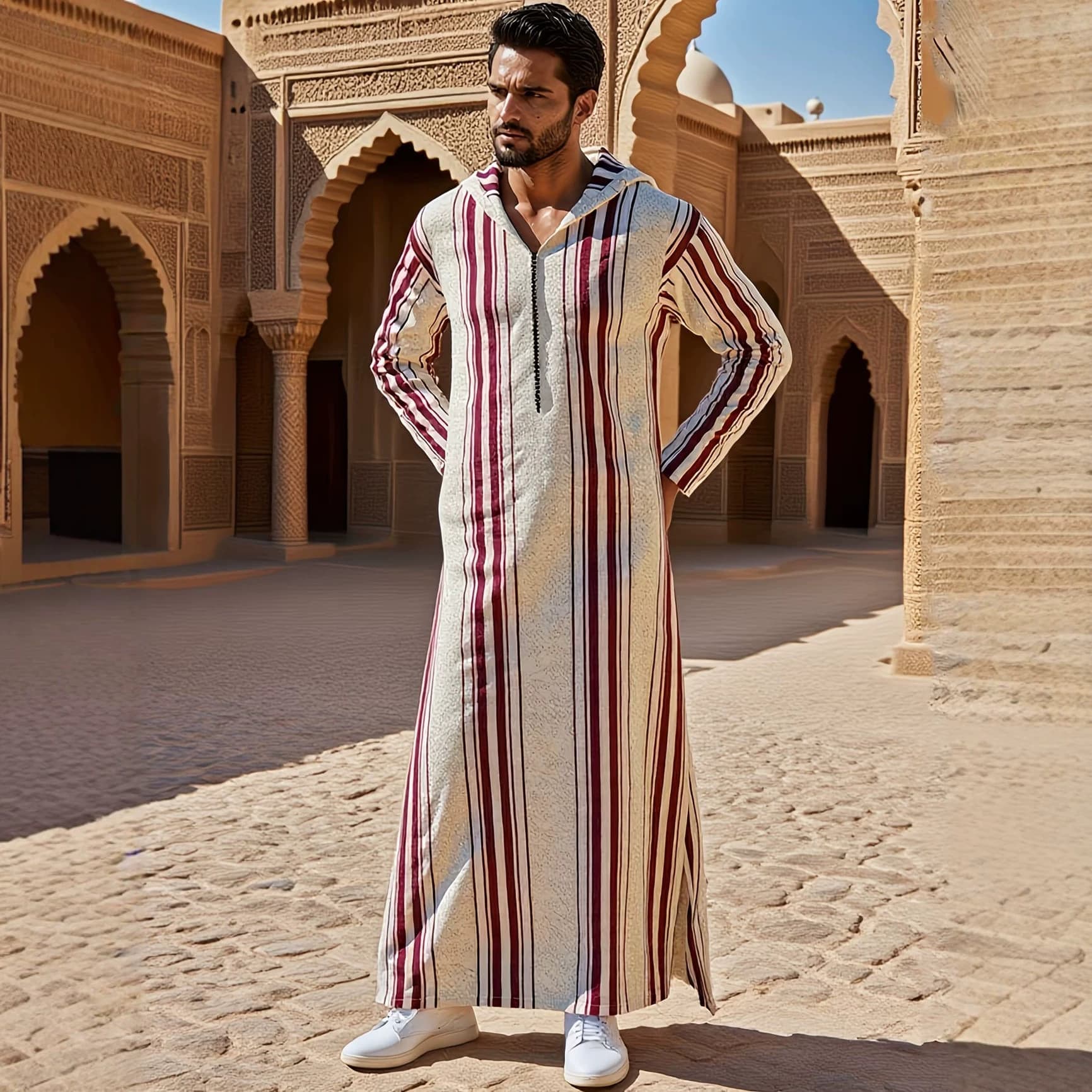 2026 New Men's Summer Traditional Hooded Loose Moroccan 3D Digital Print Long Robe