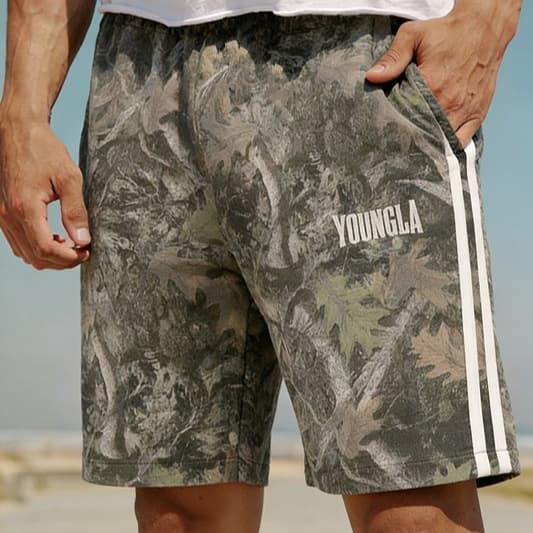 YOUNGLA American Vintage Camo Shorts for Men Casual Summer Retro Letter Loose Fit Fitness Sports Beach Shorts