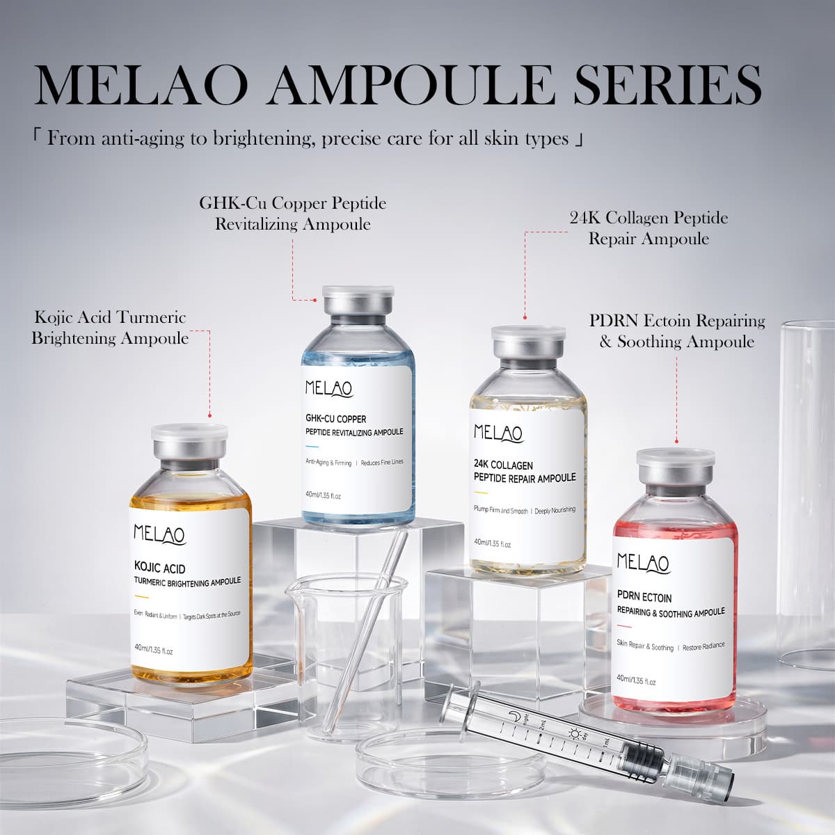 MELAO Essence Ampoule 40ml Collagen Silk Peptide Kojic Acid Turmeric Blue Copper Peptide Ecdoin Essence OEM