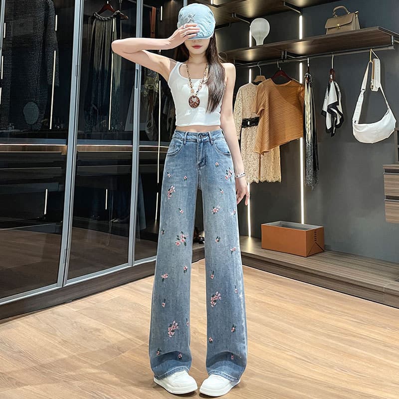 Heavy Embroidery Retro Jeans with Sparkling Rhinestones, Slimming Straight-Leg Pants, New Spring/Autumn Loose Fit, Wide-Leg Pants for Women