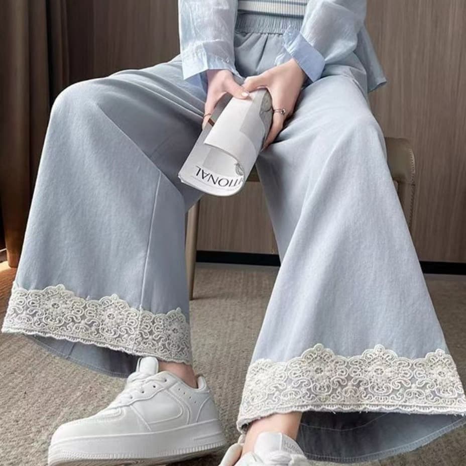 Small Design Lace Patch Wide Leg Pants for Women Summer New High Waist Slimming Casual Trousers Factory Wholesale