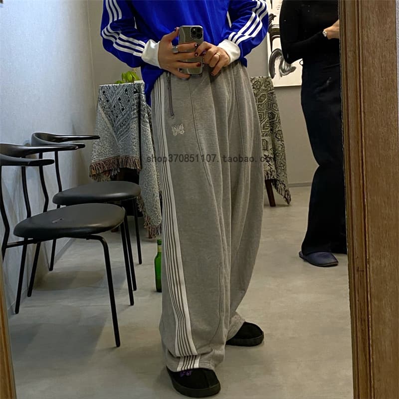 Grey Embroidery Tracksuit Trousers European And American Butterfly Design HD Plus Size Wide Leg Bloomers For Casual Wear