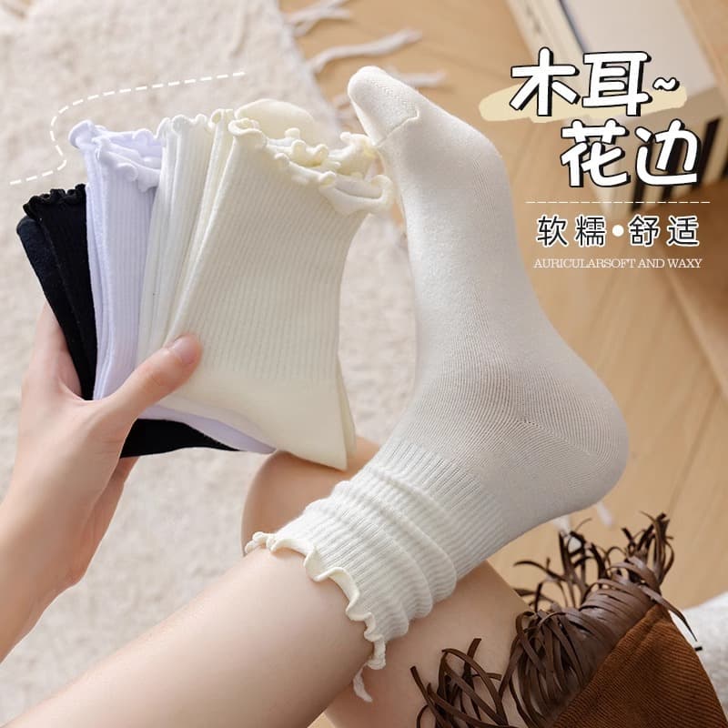 Women's Ruffle Trim Mid-Calf Cotton Socks for Summer, Thin White Black Stacking Socks to Pair with Loafers and Leather Shoes