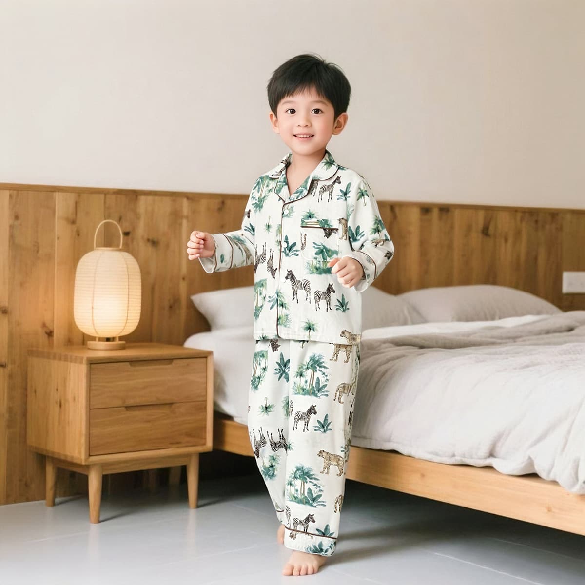 Spring and Summer New Children's Lapel Homewear, Thin Cardigan Printed Long-Sleeve Long-Pants Cotton Pajama Set for Toddlers and Kids