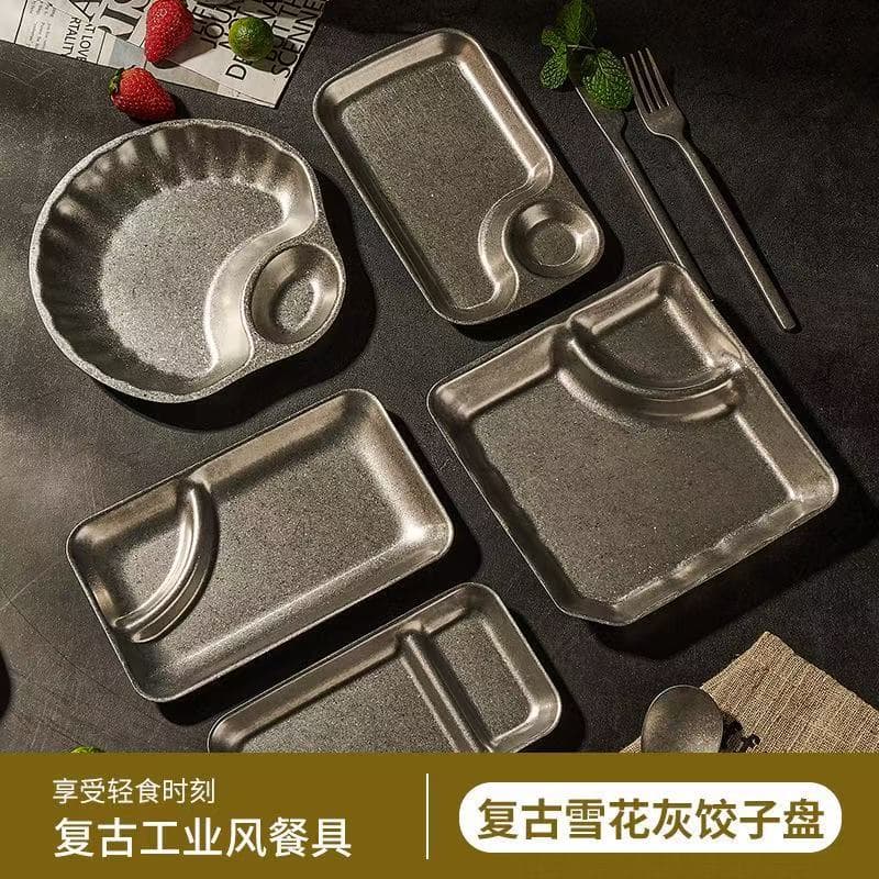 Vintage Distressed Stainless Steel Dumpling Plate Korean-Style French Fry Snack Plate Sauce Snack Divided Plate Light Luxury Vintage Tableware