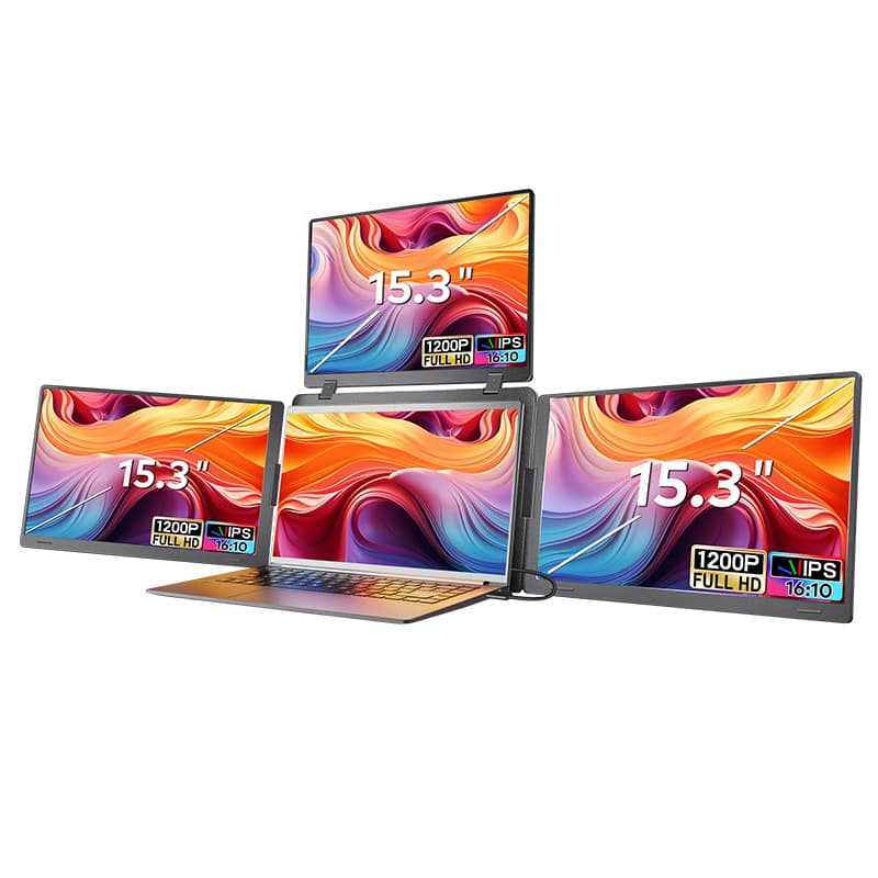 Triple-Screen Portable Monitor with One-Cable Connection, Clamshell Foldable Display
