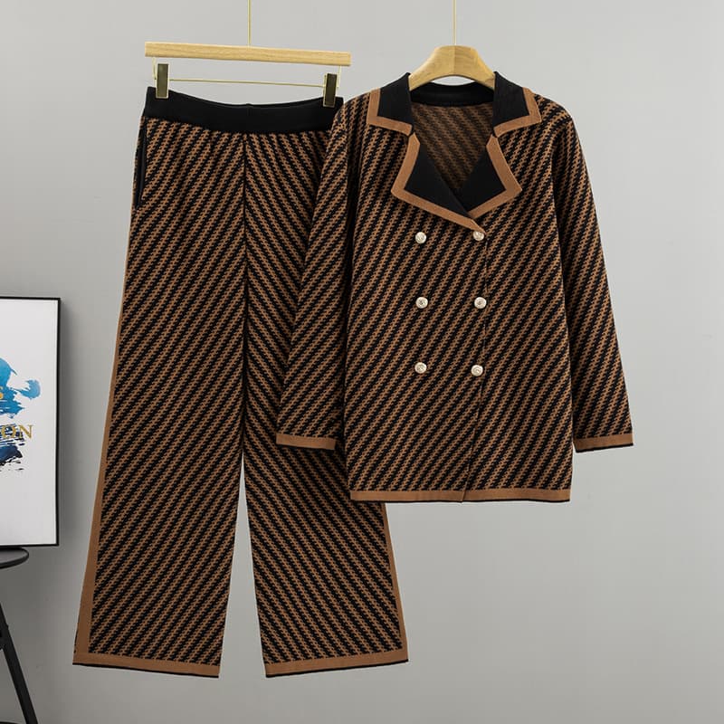 Cross-border European and American Loose Casual Fashion Sweater Set for Women Autumn Winter Suit Collar Knit Jacket Wide Leg Pants Two-Piece Set