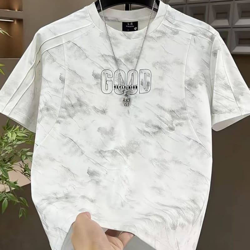 High-End Luxury Embroidery Texture Short Sleeve T-Shirt for Men Summer New Breathable American Casual Tie-Dye Retro Top