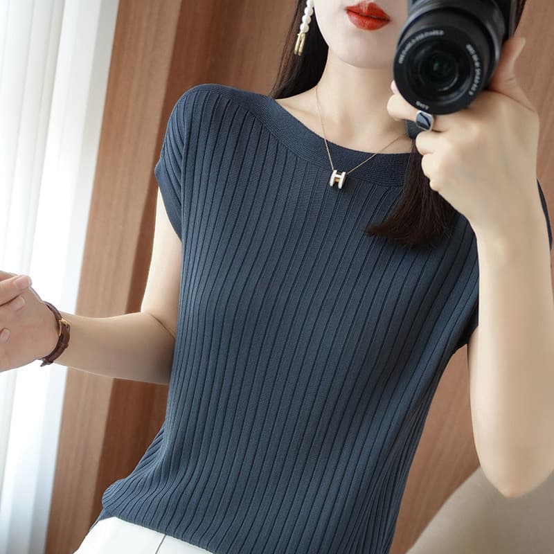 Women's Curved Bead Ice Silk Knit Top 2025 Summer New Off-Shoulder Loose Slimming Short-Sleeve T-Shirt Fashionable Blouse