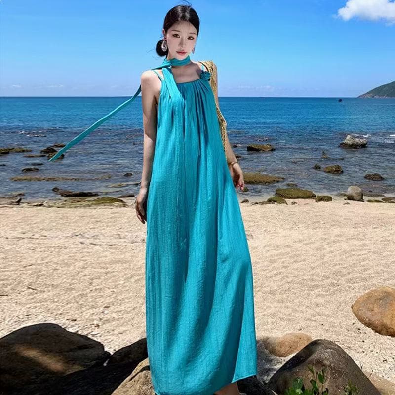 2025 Summer New Artistic Seaside Vacation Style White-Enhancing 3D Floral Tie-Strap Maxi Dress