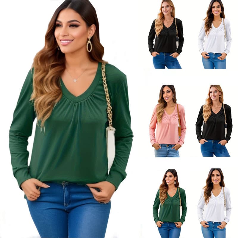 2026 European and American cross-border women's clothing Amazon autumn new solid color pleated V-neck ruffled sleeves loose top t-shirt