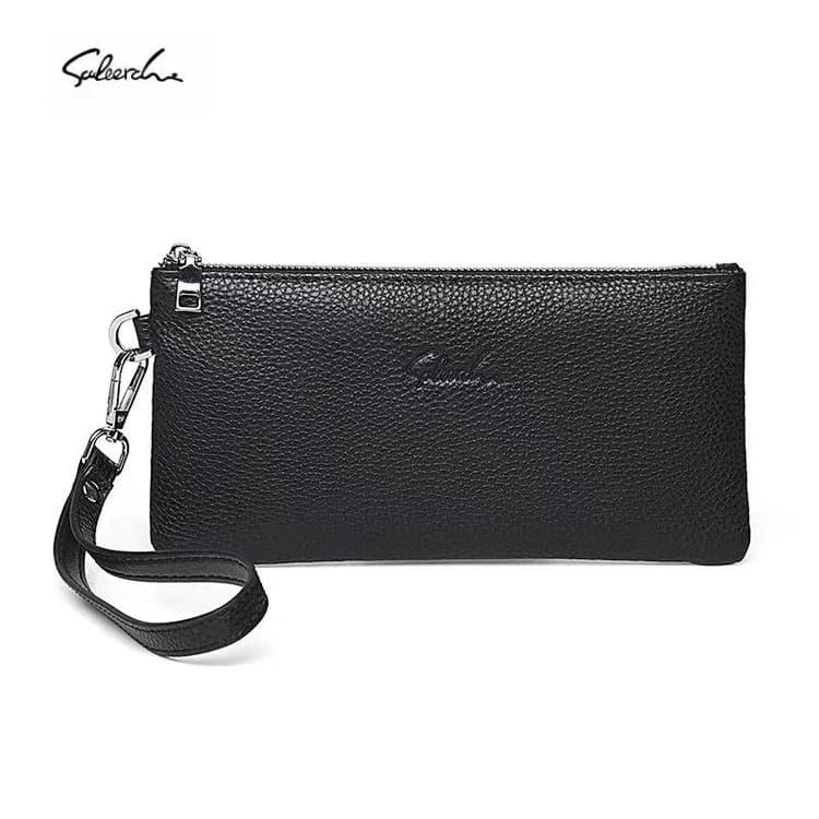 Men's first-layer cowhide small handbag, real cowhide long zipper wallet, men's soft leather mobile phone bag, multi-functional and large capacity