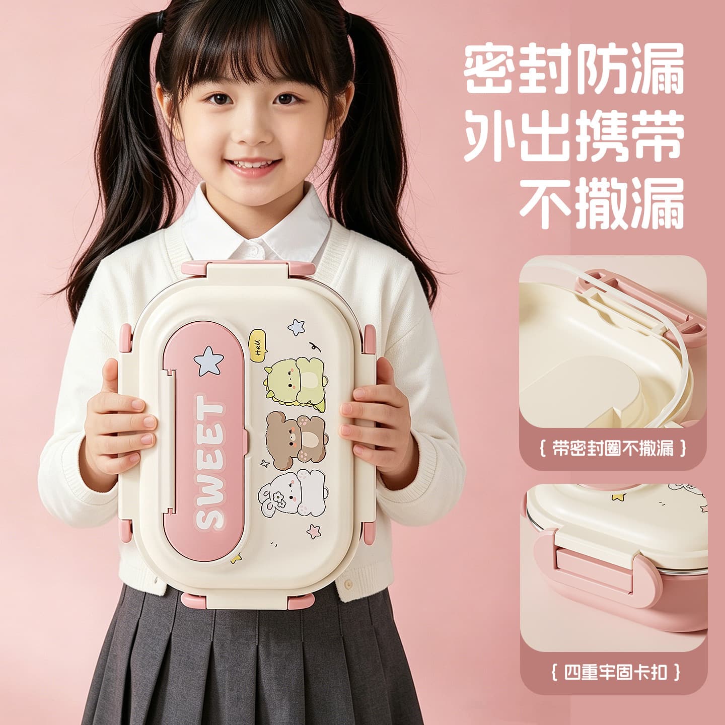 304 stainless steel insulated lunch box for students, children's compartmented lunch box for office workers, first grade elementary school students