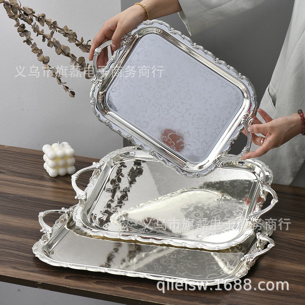 European Style Rectangular Dessert Cake Fruit Tray Stainless Steel Restaurant Serving Plate Buffet Hotel Storage Tray