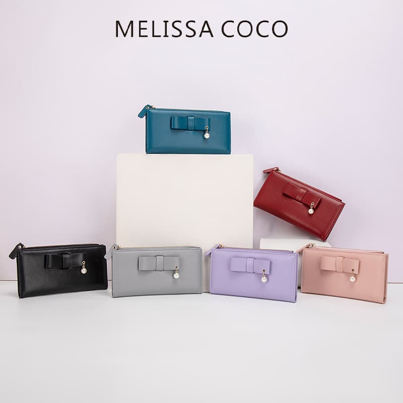 2025 Mini Pearl Hanging Decoration Long Ladies Wallet Fashionable Large Butterfly Knot Ladies Wallet Wholesale Fresh Sweet Style Pure Color