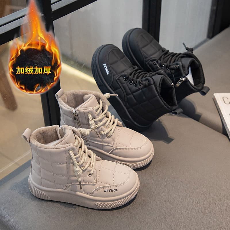 Children's Cotton Shoes 2025 Autumn/Winter New Style Leather Boots Girls Short Boots Soft Sole Bread Shoes Boys Boots Fleece-Lined Cotton Boots