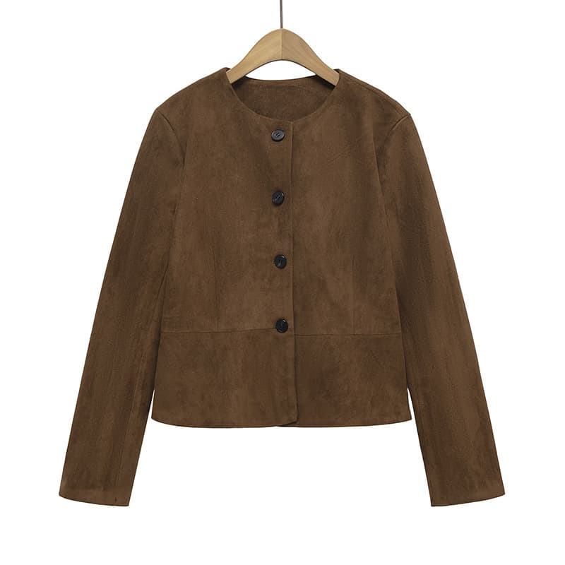 Maillard Brown Retro Short Suede Jacket Women's 2025 Autumn New Small Round Neck Jacket Top