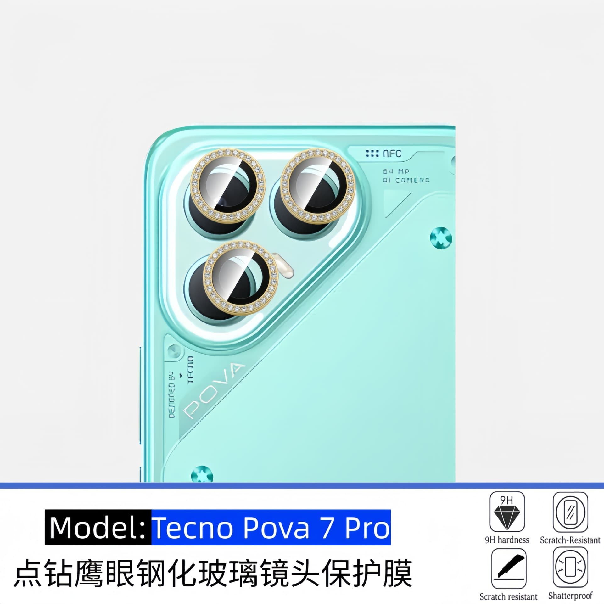 Tempered glass camera lens protector with rhinestone design for Tecno Pova 7 Pro, anti-scratch