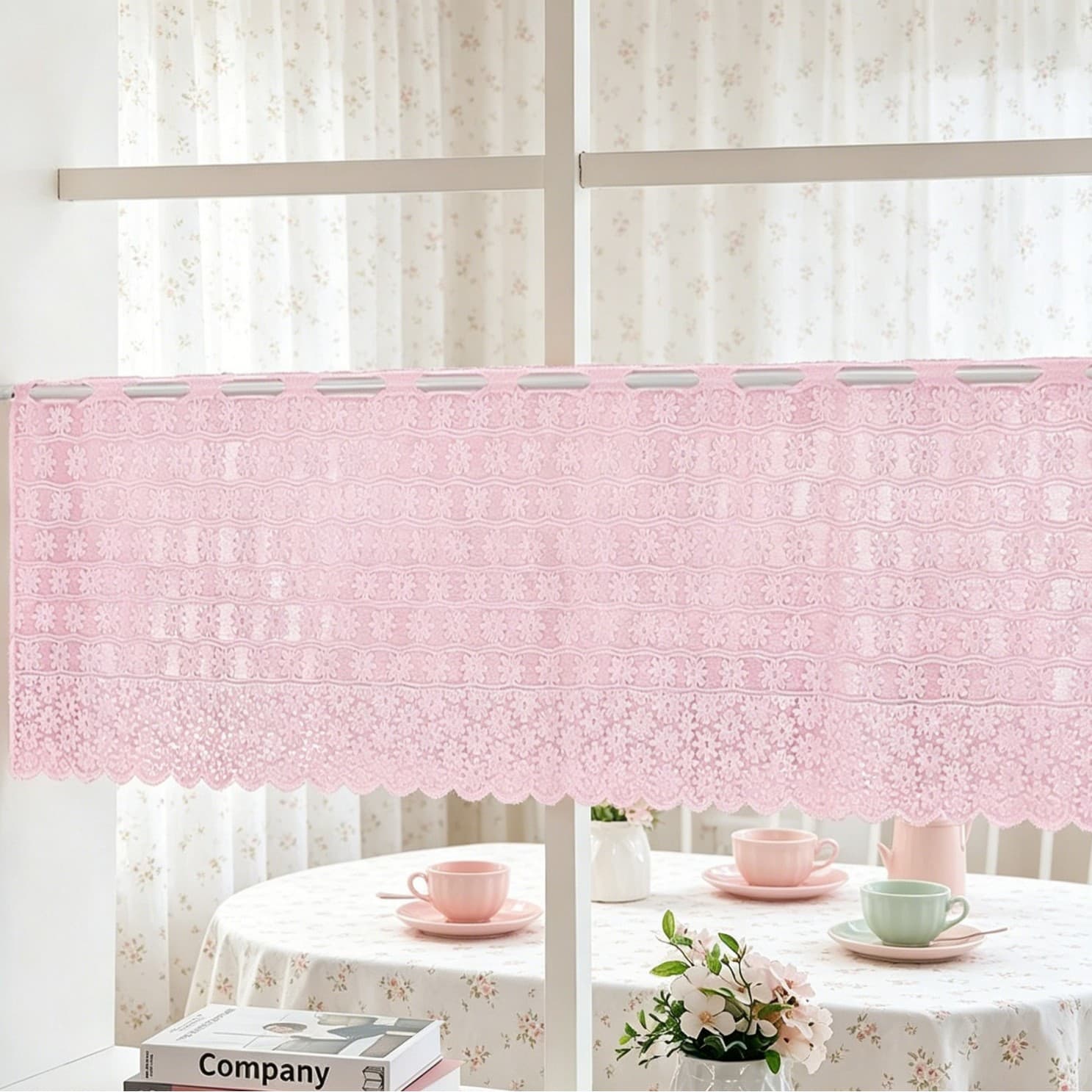 Pink Snowflake Lace Curtain, Rustic Coffee Curtain for Home Kitchen, No-Drilling Cabinet Curtain, Semi-Transparent View Curtain