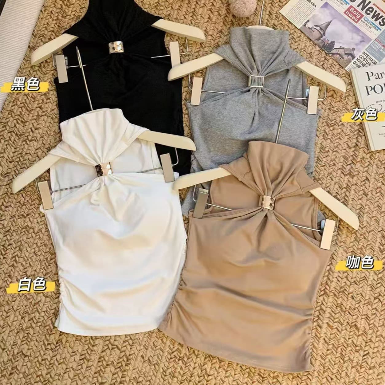 2025 Korean-style Metal Ring Strap Vest Top for Women Summer Versatile Button Hollow Sleeveless Blouse