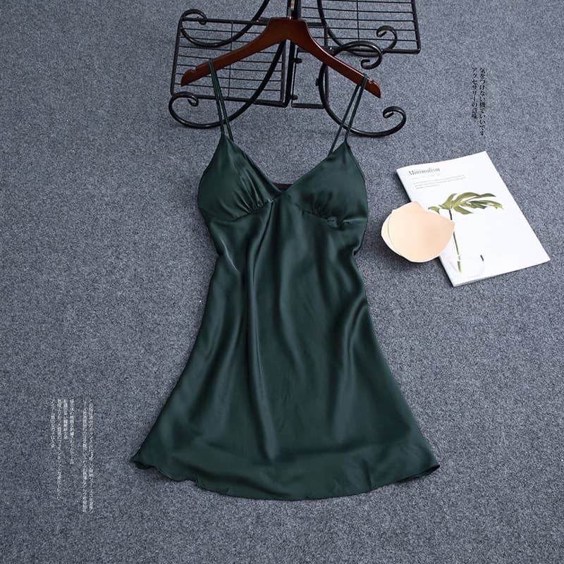 Women's Summer Ice Silk Solid Color Camisole Pajamas with Built-in Bra, Thin Sleepwear, Wholesale Satin Chiffon Nightgown