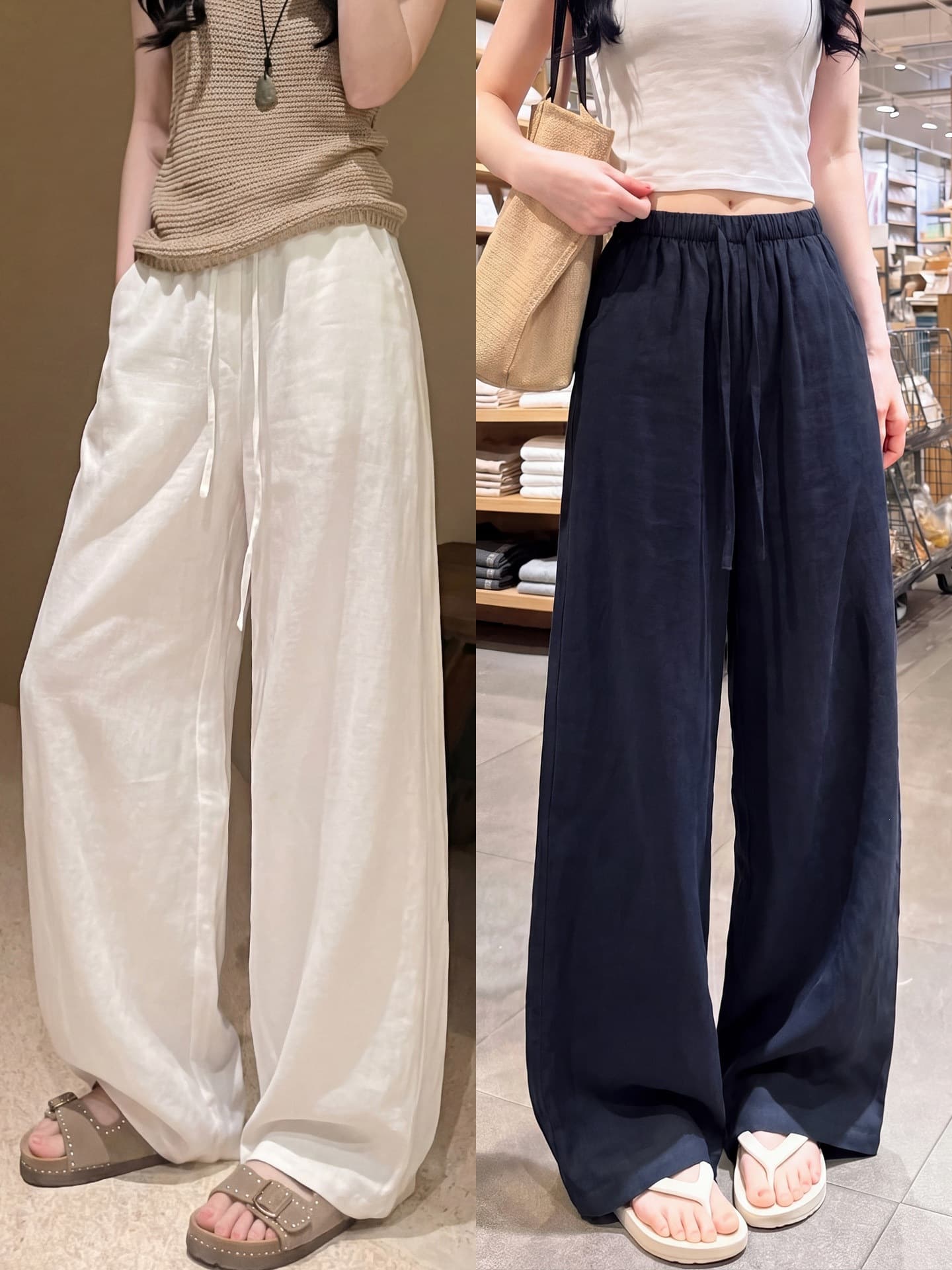 Navy blue cotton and linen wide-leg pants for women in summer, thin, drapey, loose, lazy, old money style, narrow straight linen pants