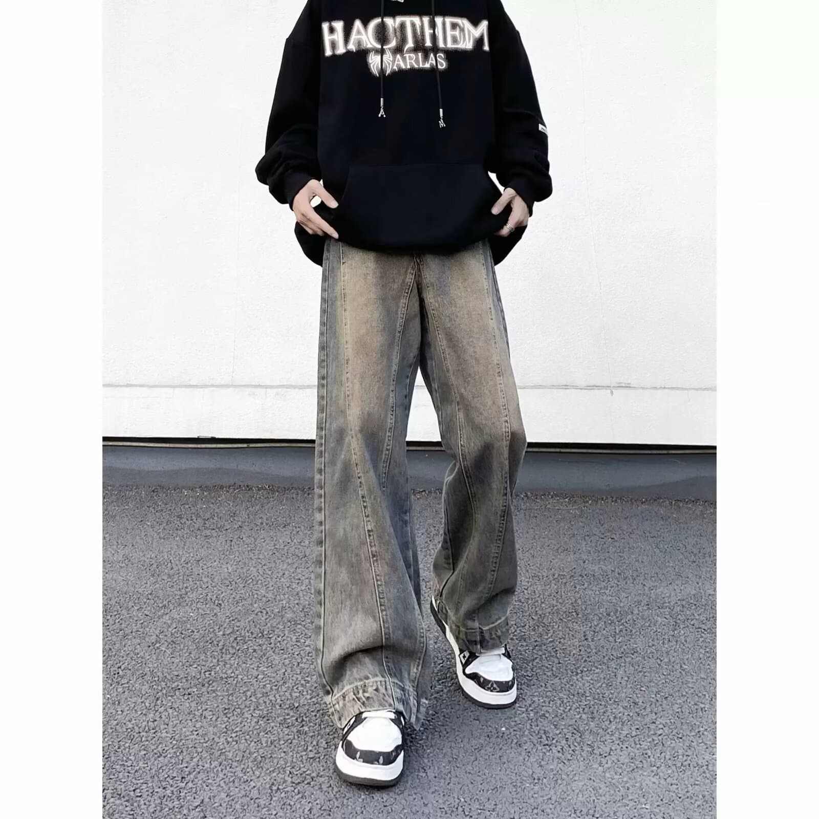 Cross-border wasteland style American retro washed and distressed deconstructed yellow mud jeans loose straight wide leg floor mopping pants