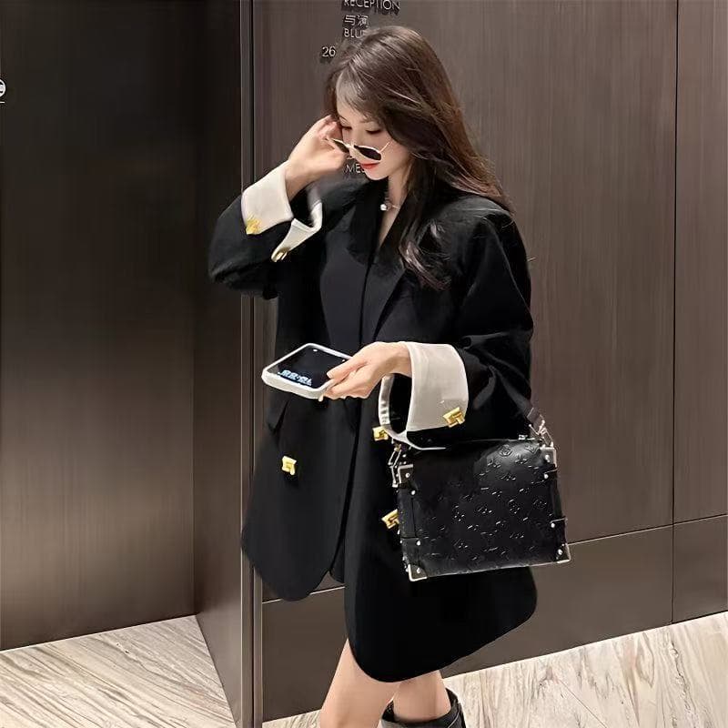 High-end light luxury black suit spring and autumn women's coat mid-length loose temperament casual top Korean style suit