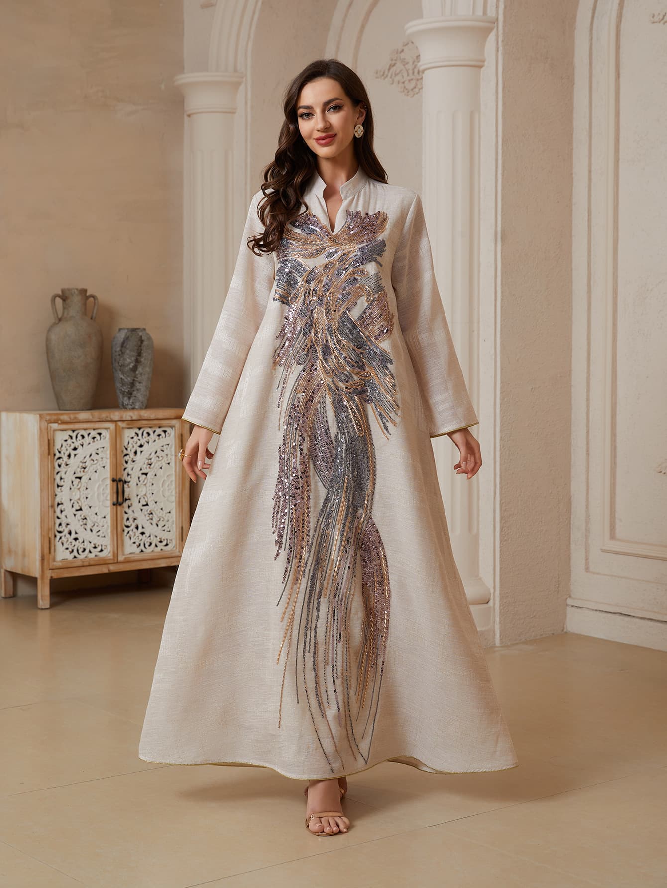 NC64 Cross-border Women's Dress Mesh Sequin Abaya Long Robe