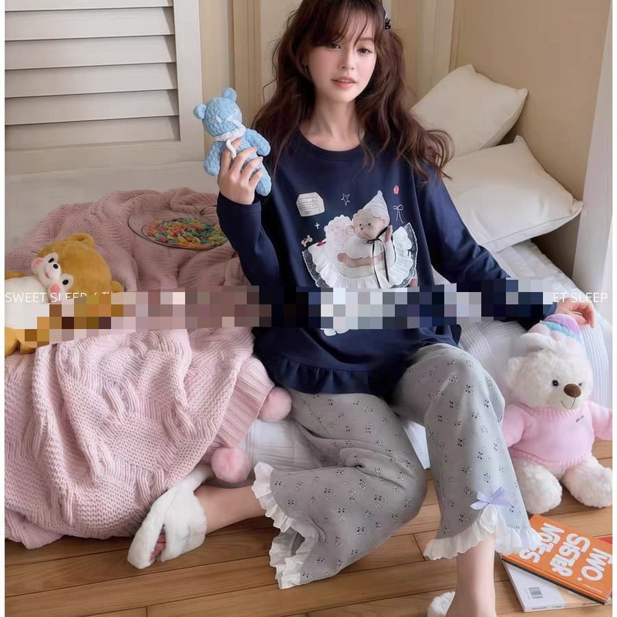 New Women's Cute Cartoon Sleeping Cat Home Clothes Pajamas Long-Sleeved Trousers Suit Can Be Worn Outside