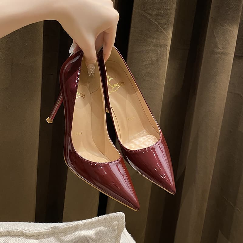 D-13 Patent Leather Wine Red High Heels Women's Thin Heel Shallow Mouth 2025 New Versatile Pointed Toe Red Sole Single Heels
