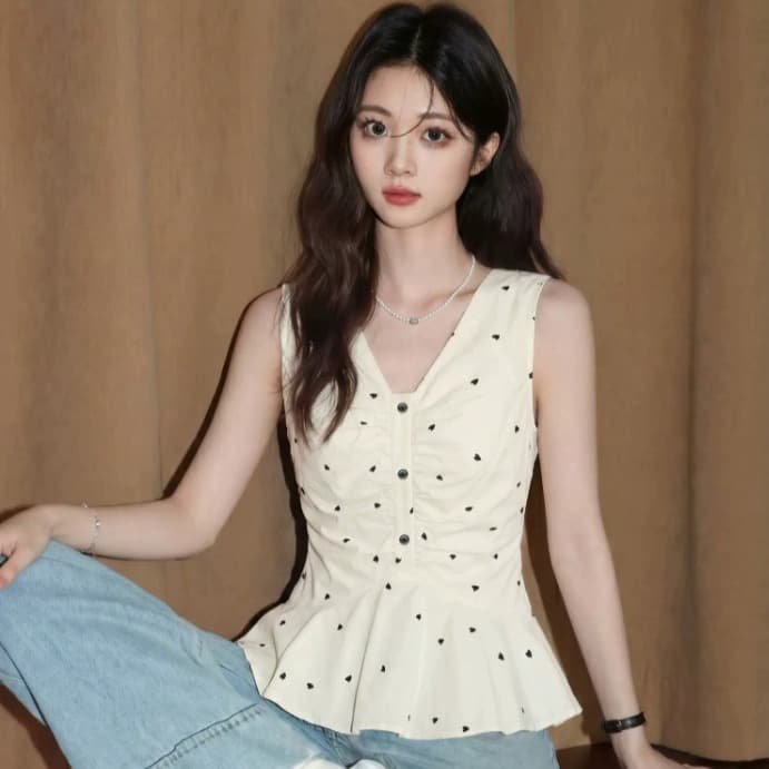 French V-Neck Camisole Tank Top Women 2026 Summer New Polka Dot Waist Design Sleeveless Crop Top