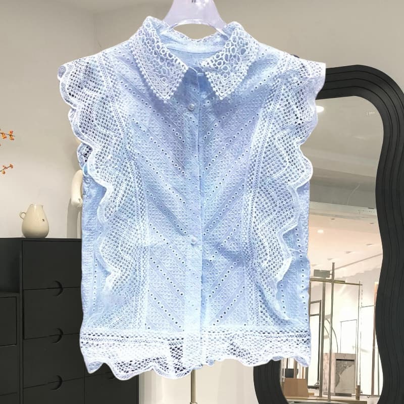 Women's Simple Short-Sleeve Blouse Solid Color French Vintage Top New Thin Lace Trim Summer Unique Style