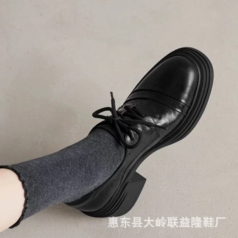 British style small leather shoes, 2025 spring new chunky heel loafers sweet short person friendly round toe high heel shoes