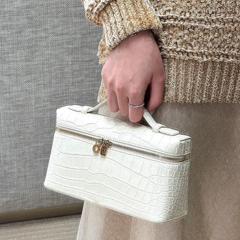 LP19 Crocodile Texture Box Bag Genuine Leather Lunch Box Bag Shoulder Crossbody Handheld Small Square Bag Gigi Same Style Makeup Bag
