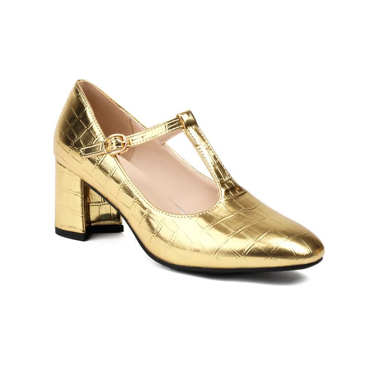 Gold, Silver, Black, and White Mary Jane Women's Shoes 2024 Export New Style Single Shoes Stone Pattern Soft Upper Large Size Chunky Heels 36-48