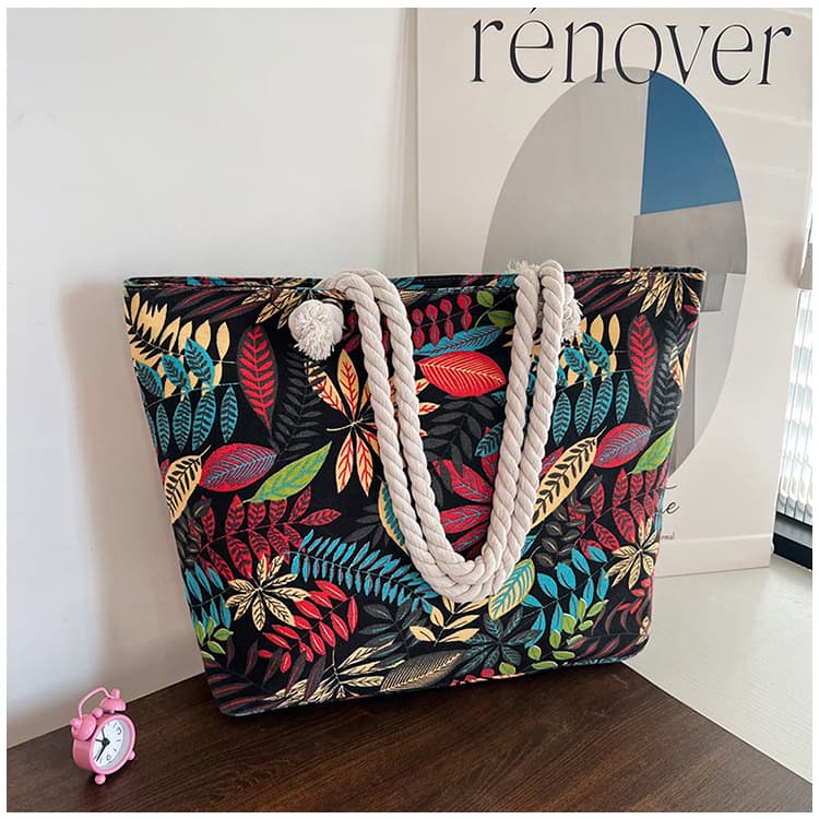 New Cross-Border Canvas Large-Capacity Tote Bag Ethnic Style Striped Thick Rope Shoulder Bag Commuter Handbag for Women