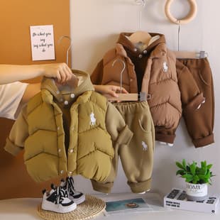 Kids Winter Hooded Sweatshirt Set New Stylish Baby Boy Winter Outfit Fleece-Lined Thick Vest 3-Piece Set Wholesale