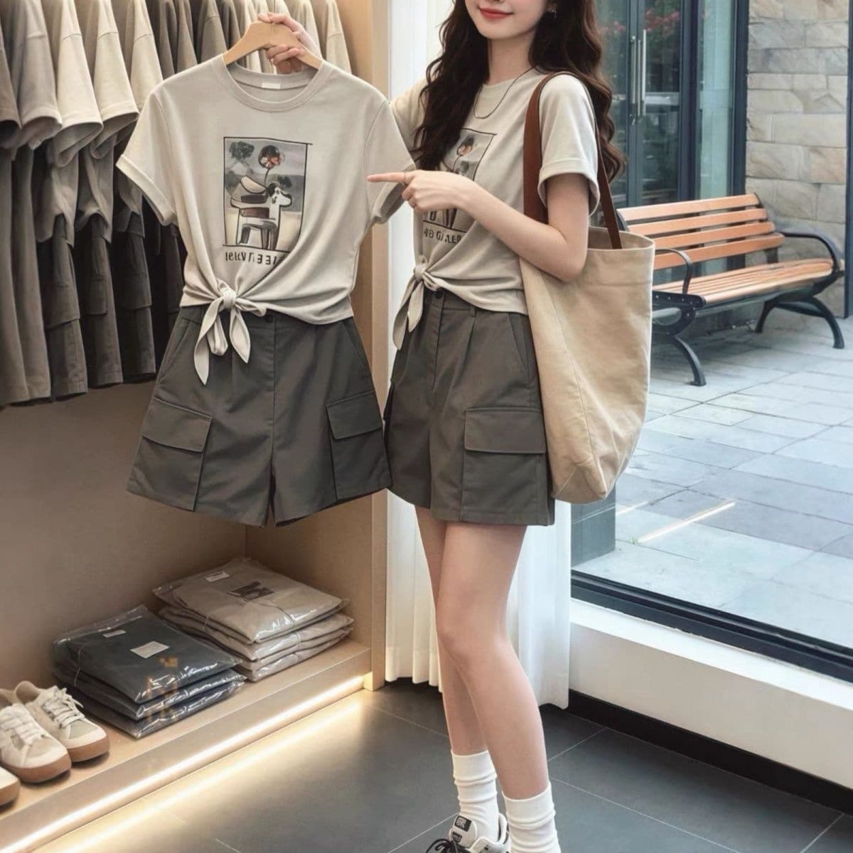 Summer Outfit Set Plus Size Women Printed Short Sleeve T-Shirt Cargo Shorts Playful and Lively Set